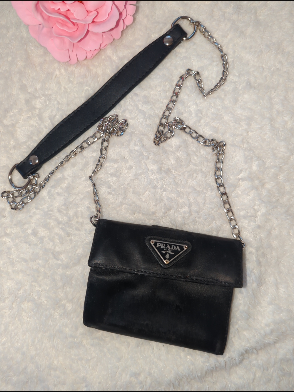 Prada Black Satin Crossbody Bag with Silver Chain